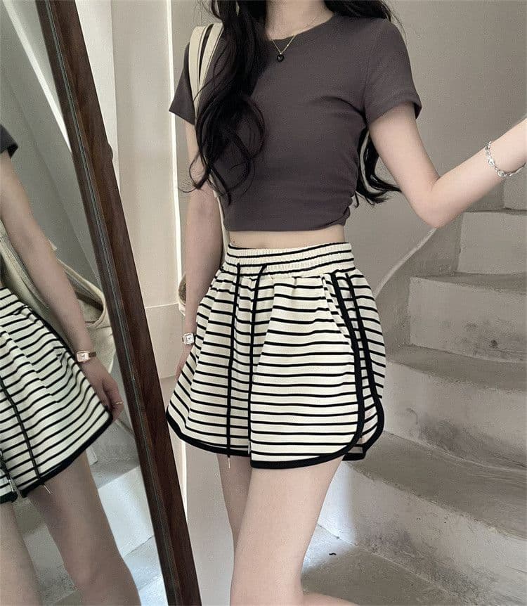 원본 컬러 짜임 기사 원단 운동 반바지 여름 얇은 스타일 루즈핏 스트라이프 하이웨이스트 핫 바지 캐주얼 넓은 다리 파자마 바지 상세 이미지 5