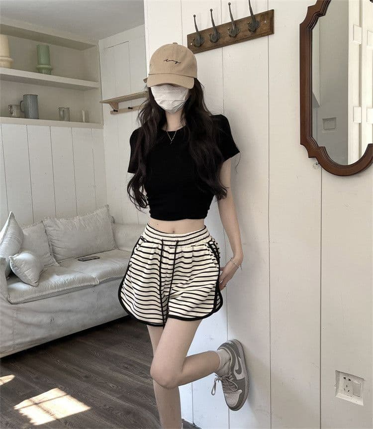 원본 컬러 짜임 기사 원단 운동 반바지 여름 얇은 스타일 루즈핏 스트라이프 하이웨이스트 핫 바지 캐주얼 넓은 다리 파자마 바지 상세 이미지 11