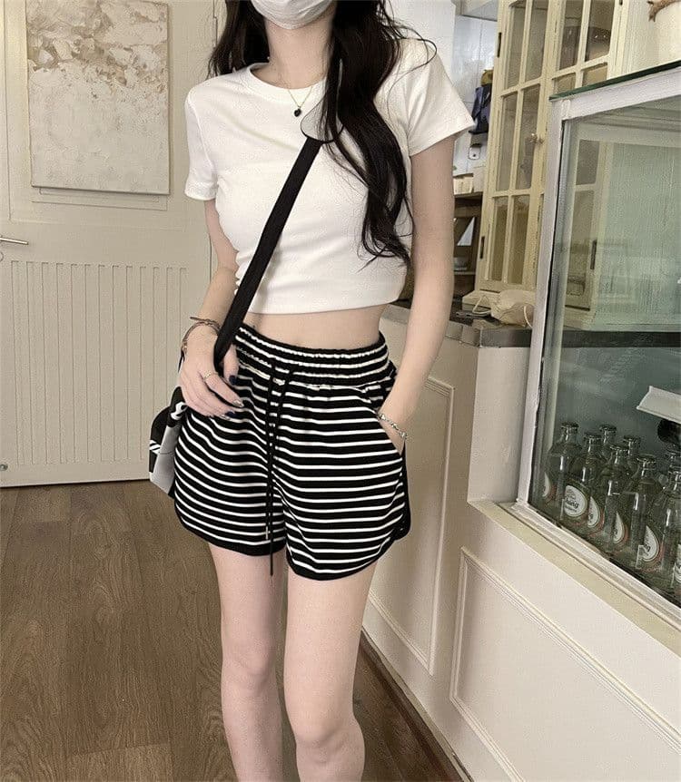 원본 컬러 짜임 기사 원단 운동 반바지 여름 얇은 스타일 루즈핏 스트라이프 하이웨이스트 핫 바지 캐주얼 넓은 다리 파자마 바지 상세 이미지 14