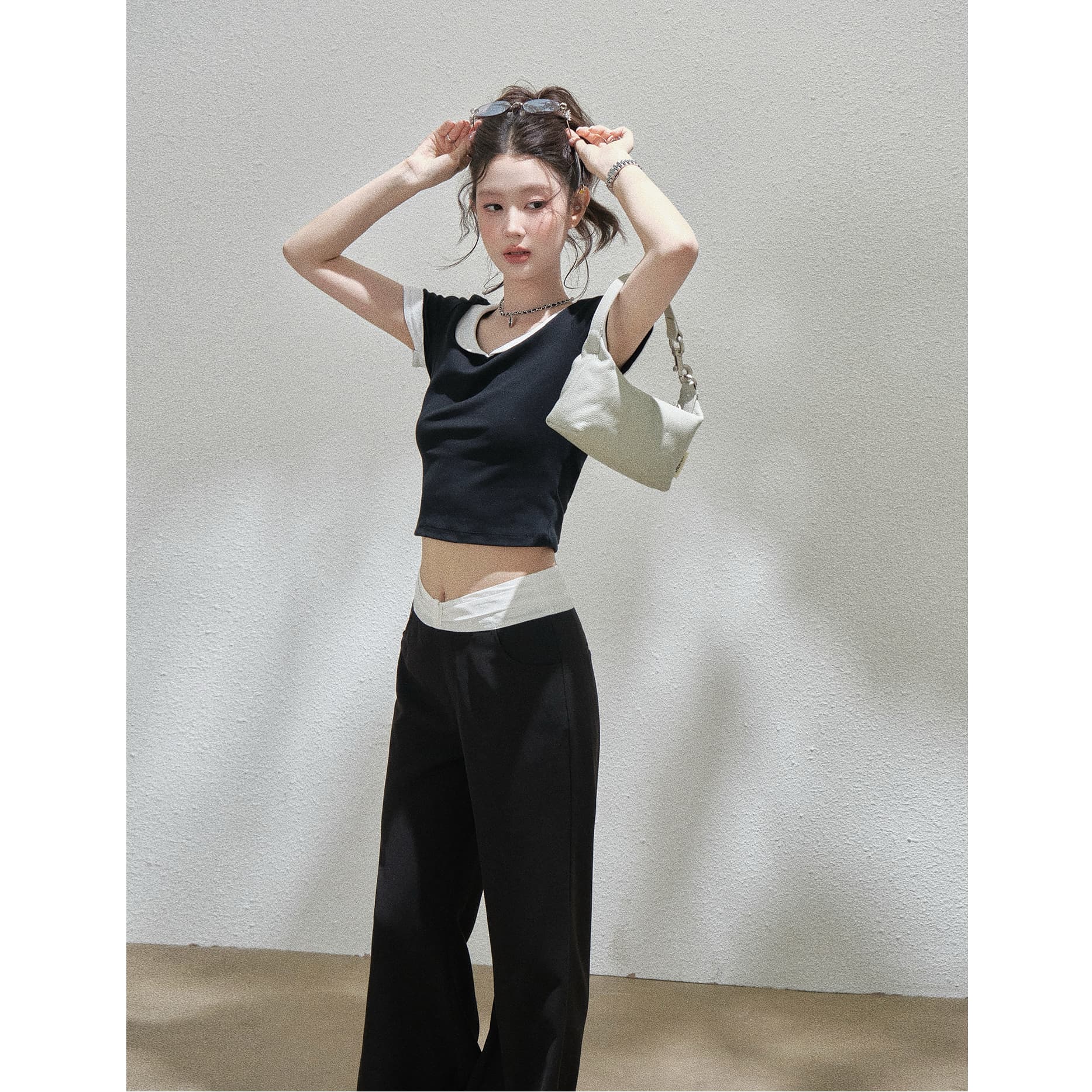 원본 솜씨 원본 두꺼운 사선 무늬 원단 패치워크 하이웨이스트 넓은 다리 캐주얼 스트레이트 슬림해 보이는 긴 바지 여성 여름 이미지 2