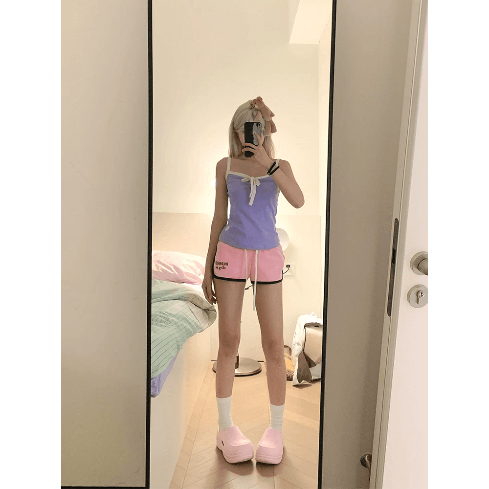 아메리칸 자수 펌프 로프 허리밴드 3 점 바지 여성 핫걸 여름 캐주얼 운동 요가 편안함 반바지 이미지 5
