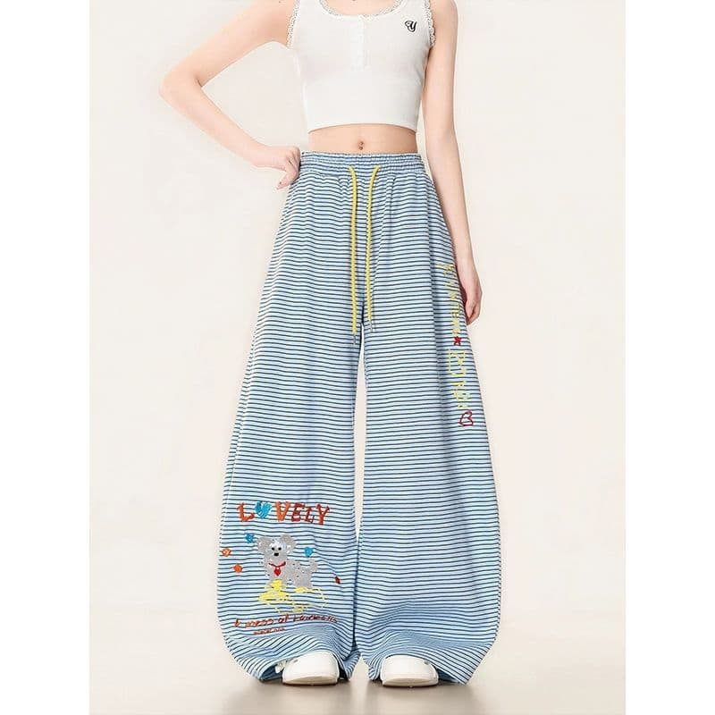 s-6xl 귀여운 강아지 자수 스트라이프 웨이 바지 여성 여름 루즈핏 느긋한 도루 센스 재즈 댄스 넓은 다리 캐주얼 바지 이미지 5