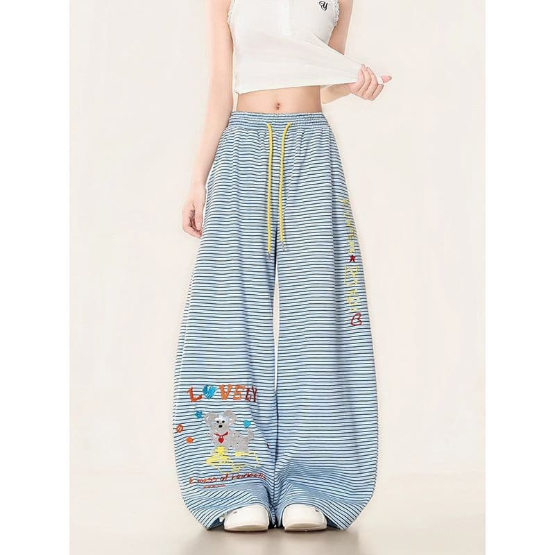 s-6xl 귀여운 강아지 자수 스트라이프 웨이 바지 여성 여름 루즈핏 느긋한 도루 센스 재즈 댄스 넓은 다리 캐주얼 바지 이미지 3