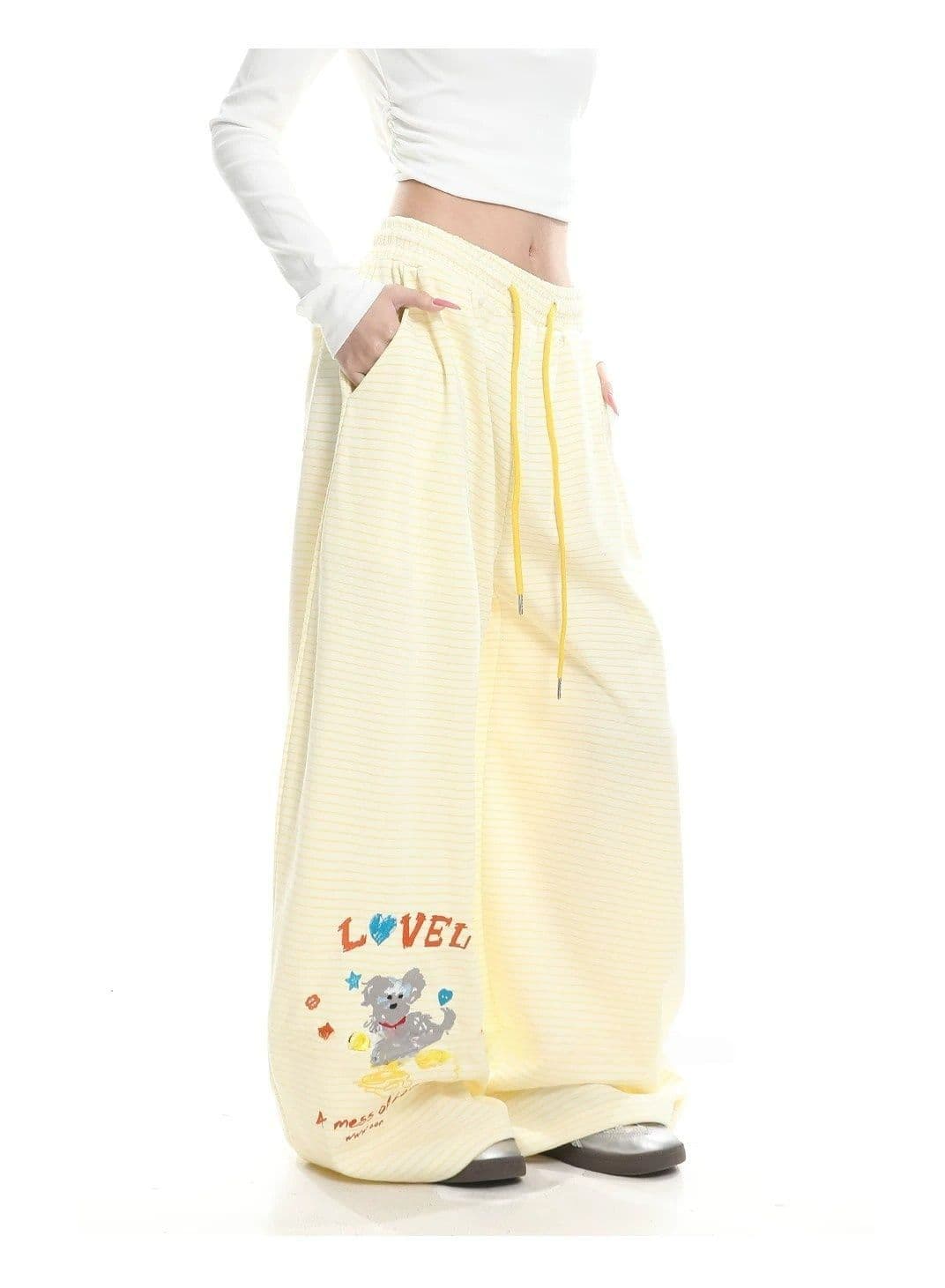 s-6xl 귀여운 강아지 자수 스트라이프 웨이 바지 여성 여름 루즈핏 느긋한 도루 센스 재즈 댄스 넓은 다리 캐주얼 바지 상세 이미지 3