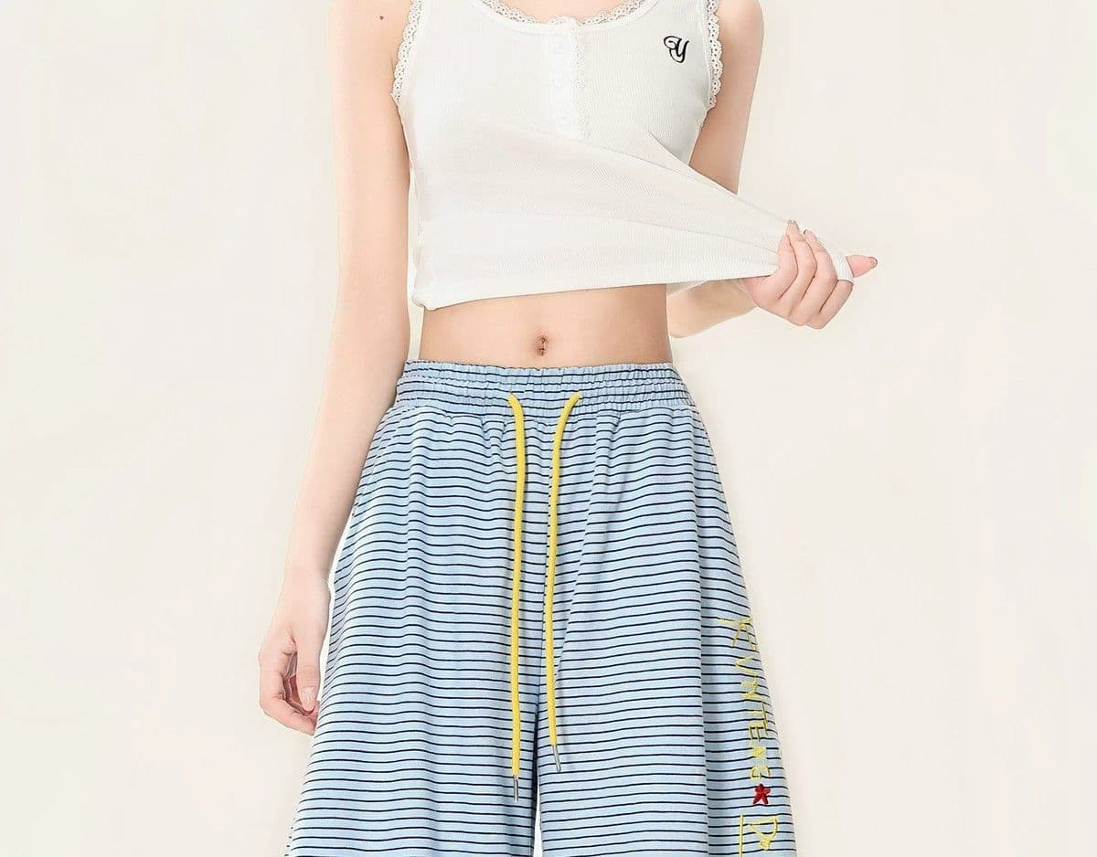 s-6xl 귀여운 강아지 자수 스트라이프 웨이 바지 여성 여름 루즈핏 느긋한 도루 센스 재즈 댄스 넓은 다리 캐주얼 바지 상세 이미지 6