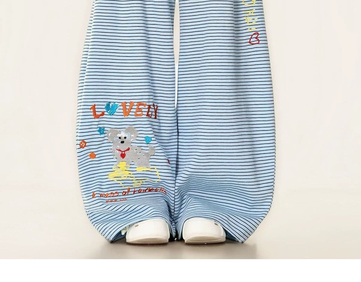 s-6xl 귀여운 강아지 자수 스트라이프 웨이 바지 여성 여름 루즈핏 느긋한 도루 센스 재즈 댄스 넓은 다리 캐주얼 바지 상세 이미지 7