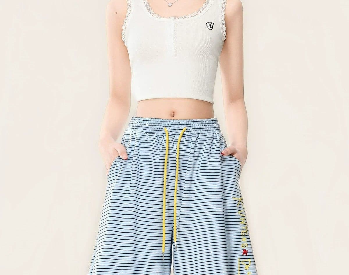 s-6xl 귀여운 강아지 자수 스트라이프 웨이 바지 여성 여름 루즈핏 느긋한 도루 센스 재즈 댄스 넓은 다리 캐주얼 바지 상세 이미지 8