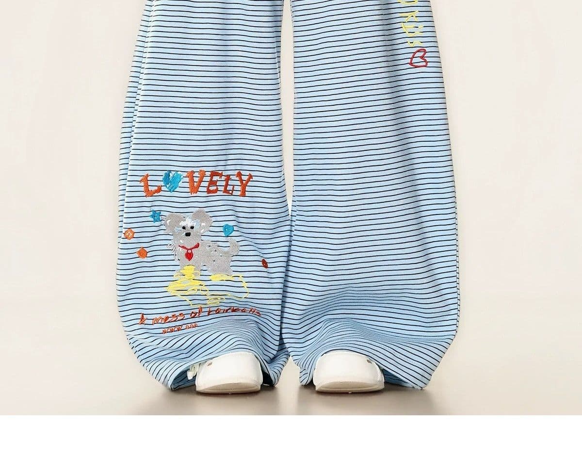 s-6xl 귀여운 강아지 자수 스트라이프 웨이 바지 여성 여름 루즈핏 느긋한 도루 센스 재즈 댄스 넓은 다리 캐주얼 바지 상세 이미지 9