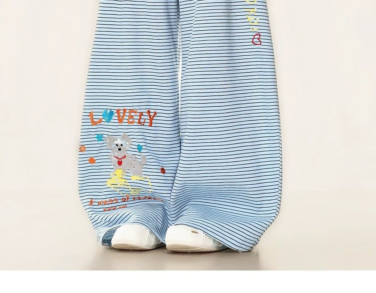 s-6xl 귀여운 강아지 자수 스트라이프 웨이 바지 여성 여름 루즈핏 느긋한 도루 센스 재즈 댄스 넓은 다리 캐주얼 바지 상세 이미지 11