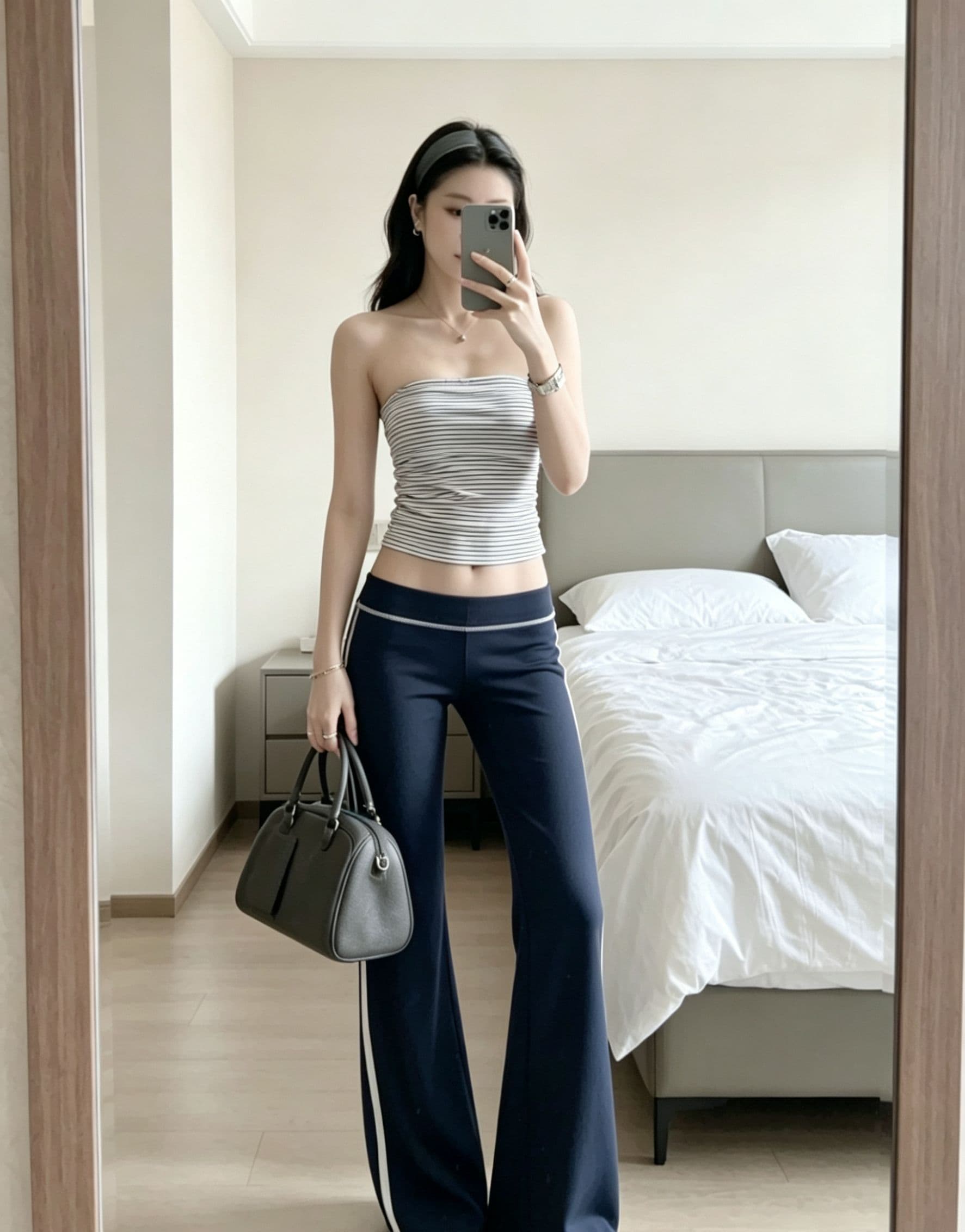 아메리칸 레트로 핫걸 바람 로우 웨이스트 플레어 바지 2026 해군 몸매 가꾸기 넓은 다리 다용도 슬림해 보이는 타이트 스커트 긴 바지 상세 이미지 3