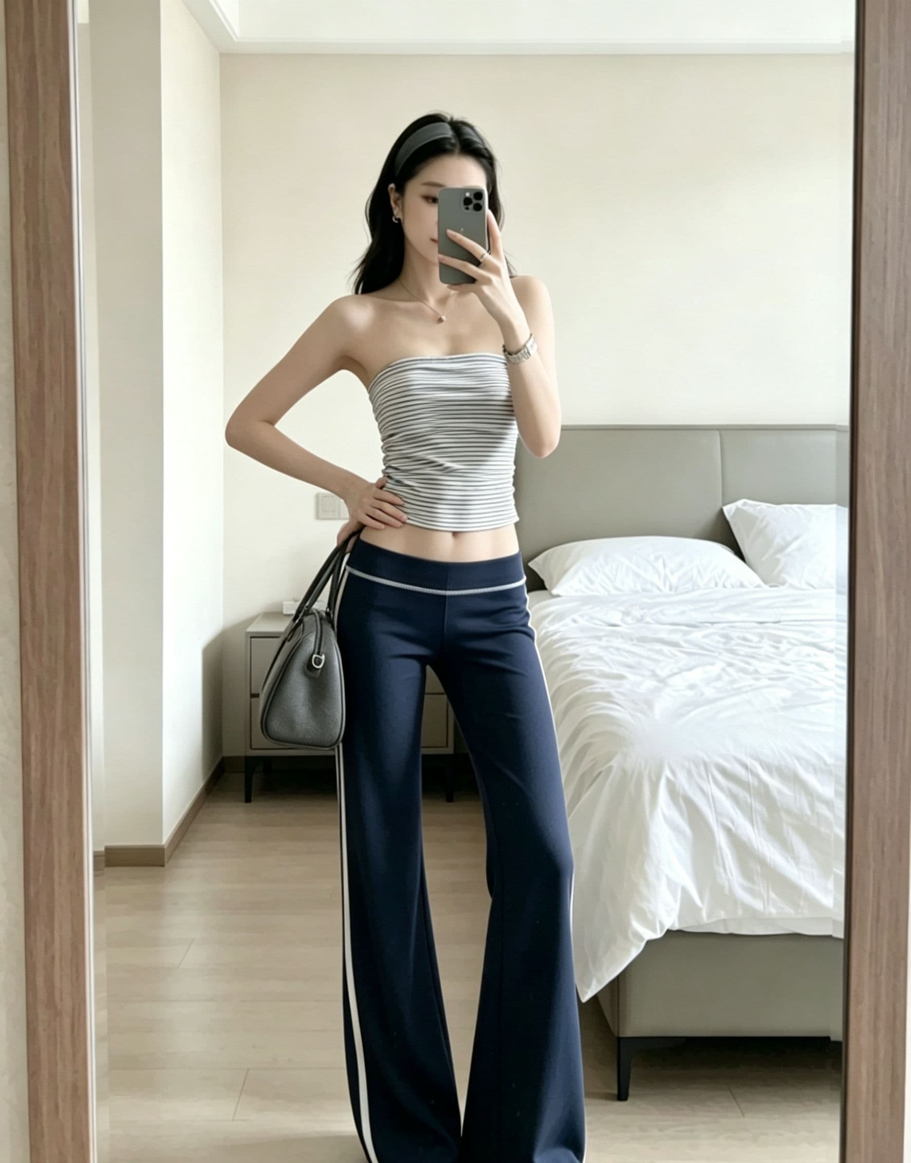 아메리칸 레트로 핫걸 바람 로우 웨이스트 플레어 바지 2026 해군 몸매 가꾸기 넓은 다리 다용도 슬림해 보이는 타이트 스커트 긴 바지 상세 이미지 4