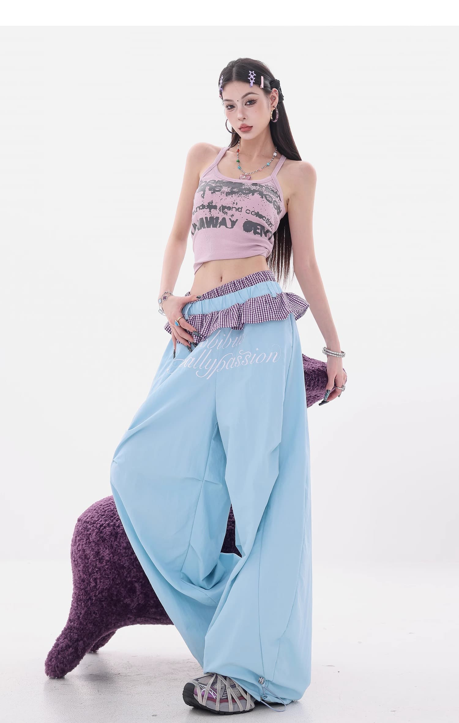 아메리칸 핫걸 체크무늬 레이스 더블 허리 머리 패치워크 속도 건조한 모통이 칼 바지 도파민 색상 와이드 레그 팬츠 상세 이미지 10