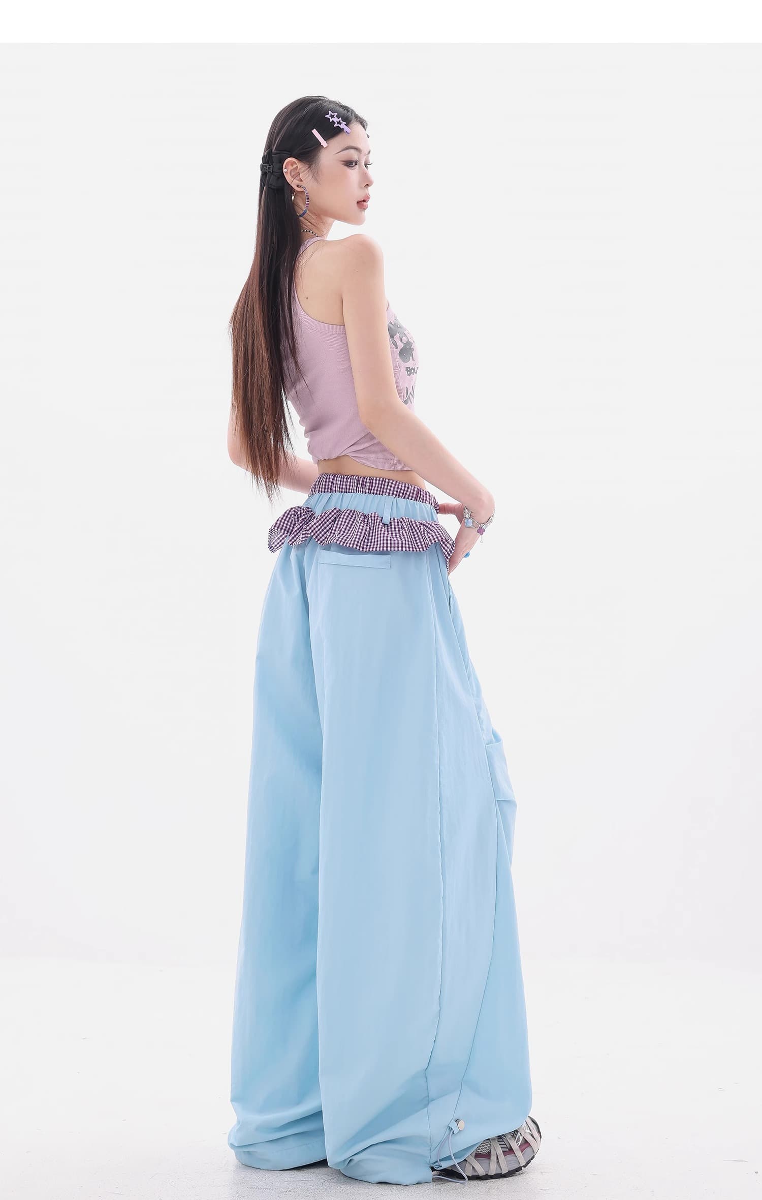 아메리칸 핫걸 체크무늬 레이스 더블 허리 머리 패치워크 속도 건조한 모통이 칼 바지 도파민 색상 와이드 레그 팬츠 상세 이미지 11