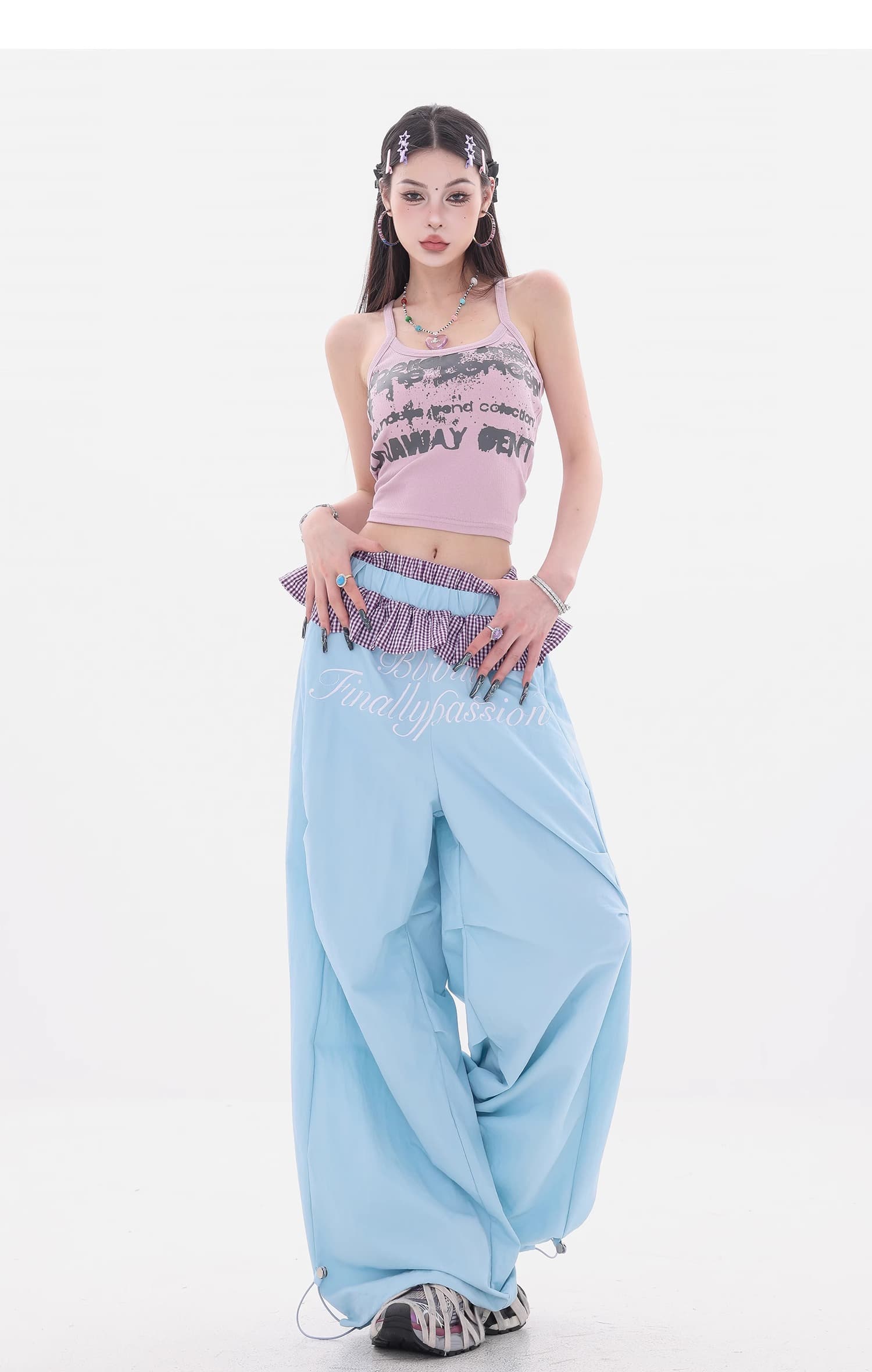 아메리칸 핫걸 체크무늬 레이스 더블 허리 머리 패치워크 속도 건조한 모통이 칼 바지 도파민 색상 와이드 레그 팬츠 상세 이미지 16