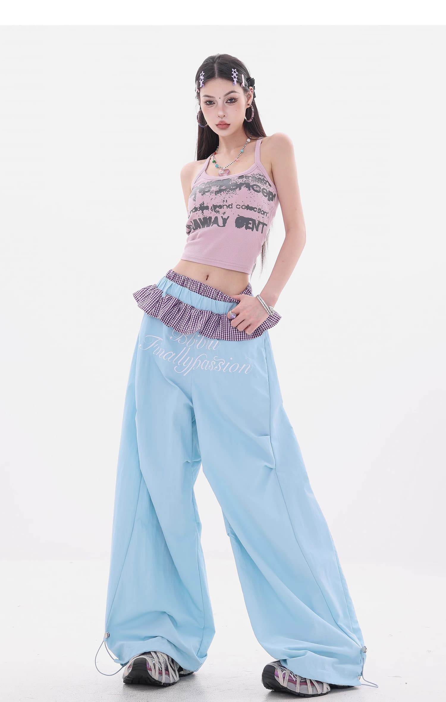 아메리칸 핫걸 체크무늬 레이스 더블 허리 머리 패치워크 속도 건조한 모통이 칼 바지 도파민 색상 와이드 레그 팬츠 상세 이미지 17