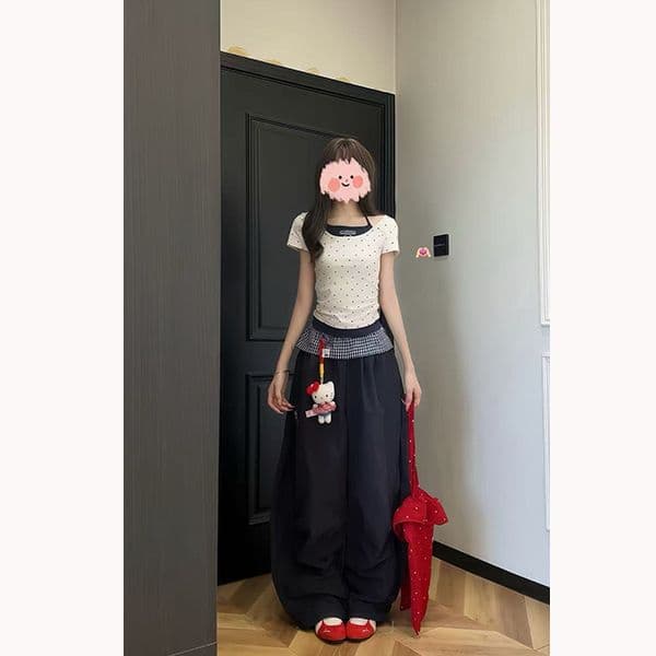 원본 나일론 원단 원본 솜씨 아메리칸 달콤함 도트 무늬 자수 몸매 가꾸기 맨위 와이드 레그 팬츠 세트 여성 여름 이미지 3