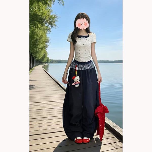 원본 나일론 원단 원본 솜씨 아메리칸 달콤함 도트 무늬 자수 몸매 가꾸기 맨위 와이드 레그 팬츠 세트 여성 여름 이미지 4
