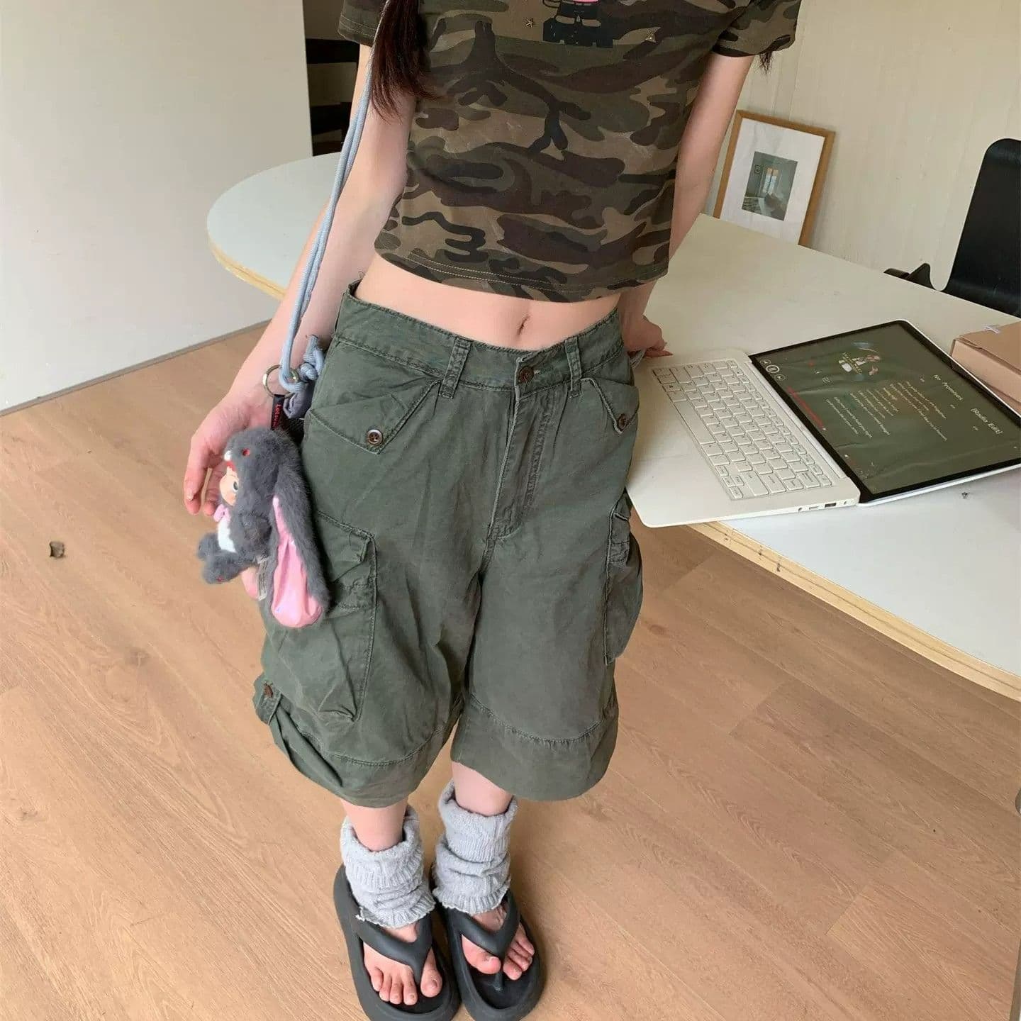 아메리칸 레트로 워싱 마 오래된 주머니 워크웨어 7부 바지 여성 여름 루즈핏 캐주얼 넓은 다리가 짧다. 바지 이미지 4
