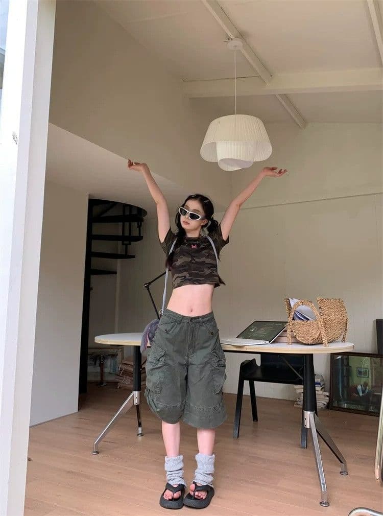 아메리칸 레트로 워싱 마 오래된 주머니 워크웨어 7부 바지 여성 여름 루즈핏 캐주얼 넓은 다리가 짧다. 바지 상세 이미지 10