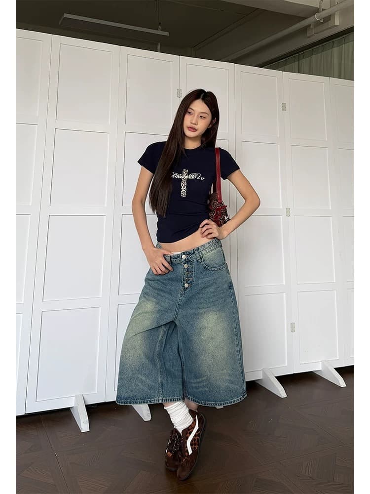 워싱 고양이 반드시 단추 7 점 청바지 남녀 여름 아메리칸 마 오래된 루즈핏 캐주얼 넓은 다리 바지 상세 이미지 9