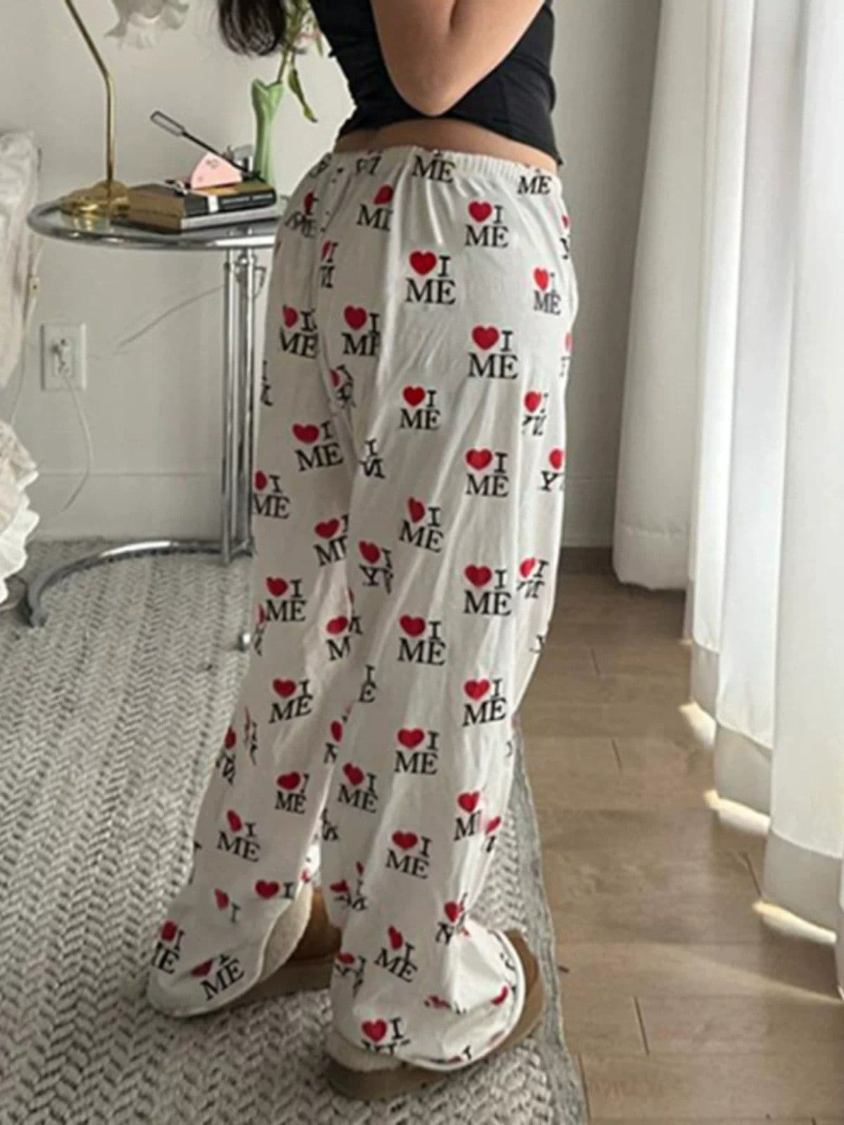 아메리칸 장난기 넘치는 귀여운 고양이 하트 전체 인쇄 캐주얼 바지 여름 루즈핏 명중 Pleat 디자인 느긋한 다용도 ins 긴 바지 이미지 2