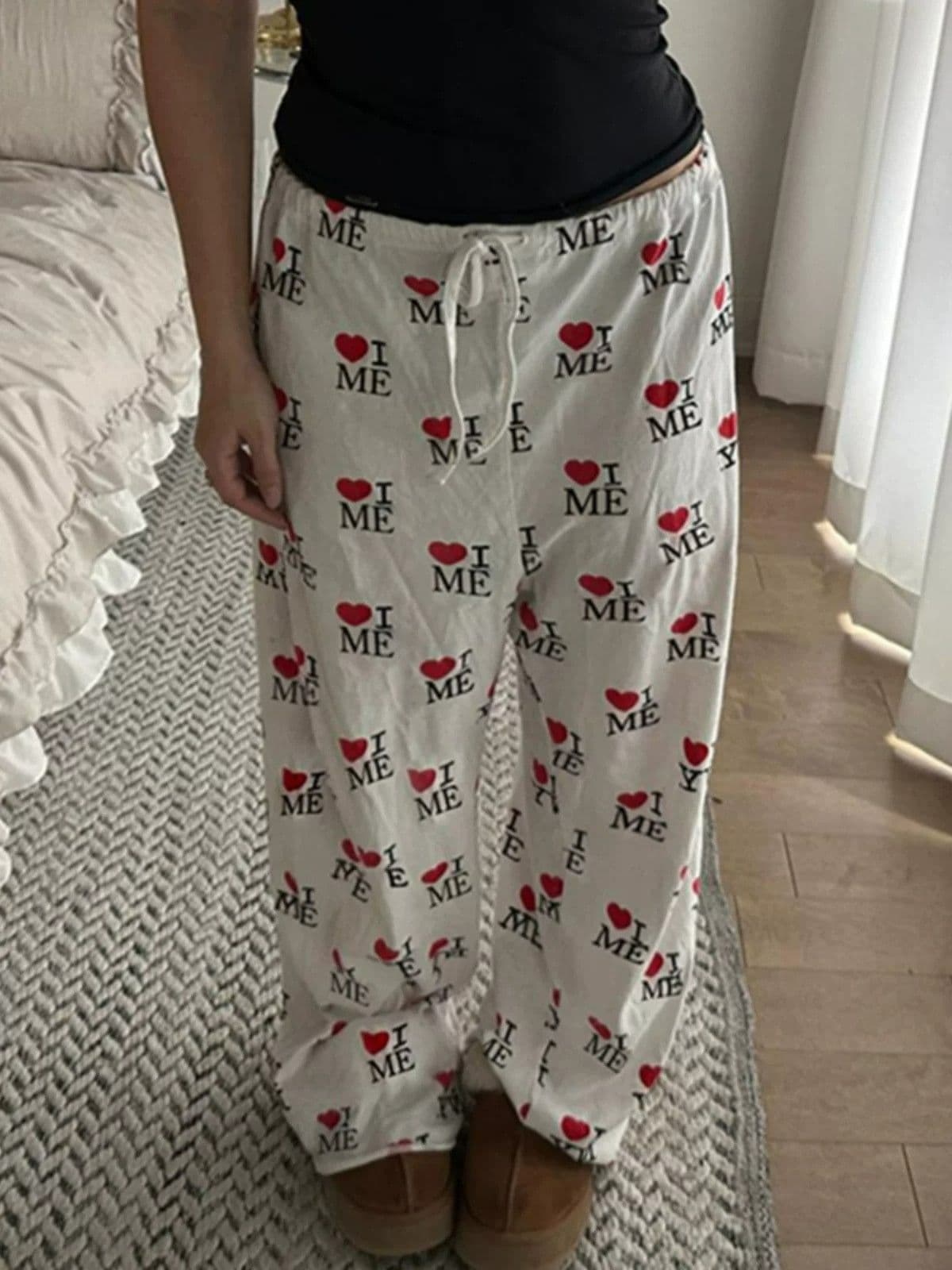 아메리칸 장난기 넘치는 귀여운 고양이 하트 전체 인쇄 캐주얼 바지 여름 루즈핏 명중 Pleat 디자인 느긋한 다용도 ins 긴 바지