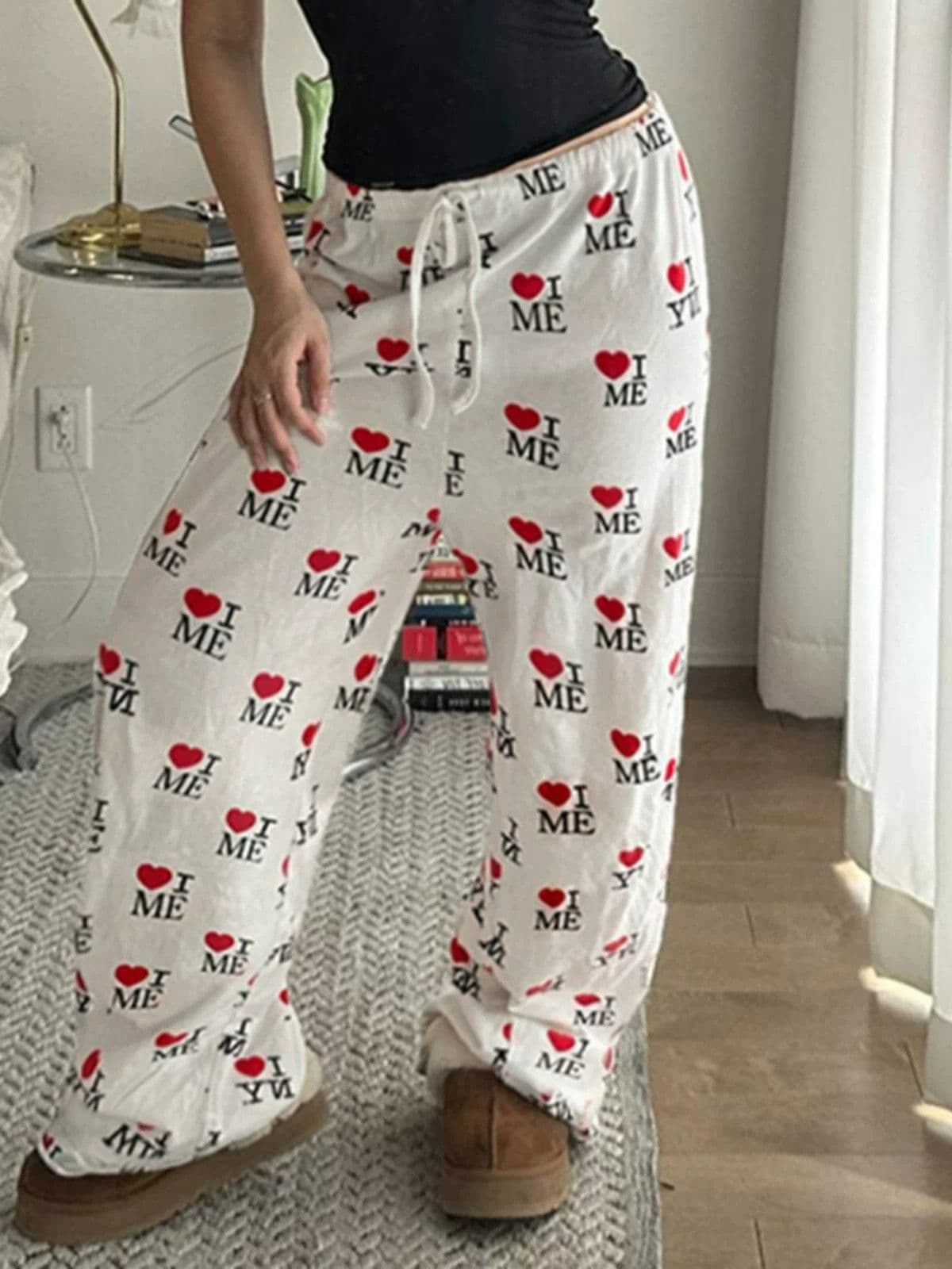 아메리칸 장난기 넘치는 귀여운 고양이 하트 전체 인쇄 캐주얼 바지 여름 루즈핏 명중 Pleat 디자인 느긋한 다용도 ins 긴 바지 이미지 4