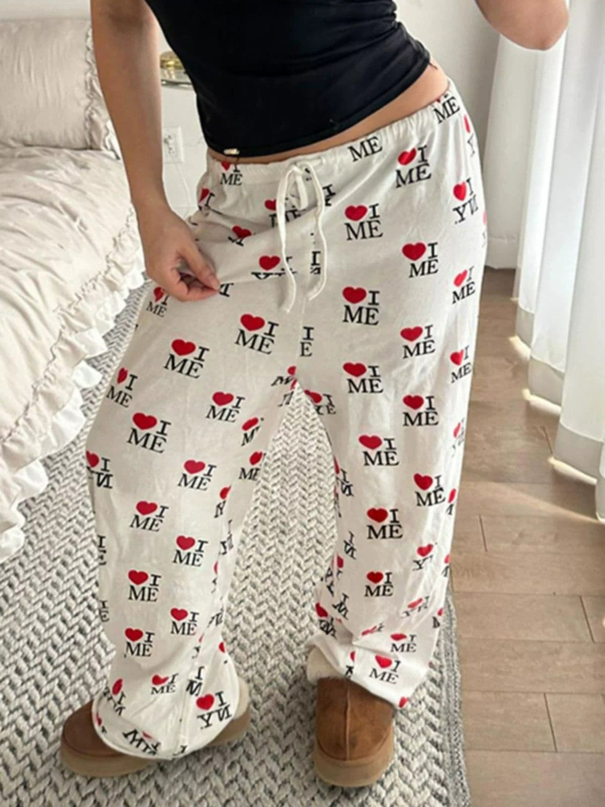 아메리칸 장난기 넘치는 귀여운 고양이 하트 전체 인쇄 캐주얼 바지 여름 루즈핏 명중 Pleat 디자인 느긋한 다용도 ins 긴 바지 상세 이미지 2