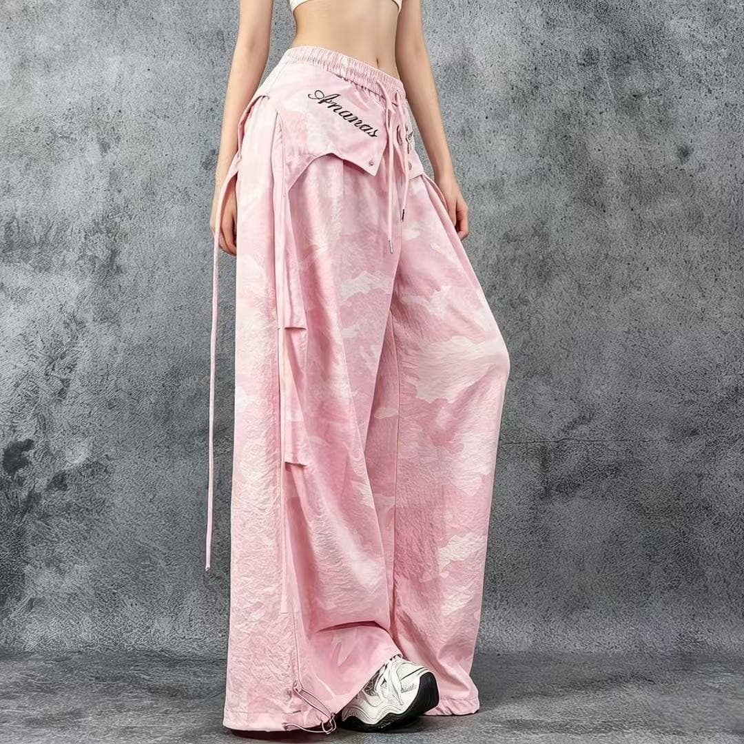 차가운 바람의 소리 바람 핑크색 카모플라주 와이드 레깅스 바지 탈착식 방귀 커튼 캐주얼 바지 속도 건조한 주름 디자인 워크웨어 긴 바지 트렌디 상세 이미지 2