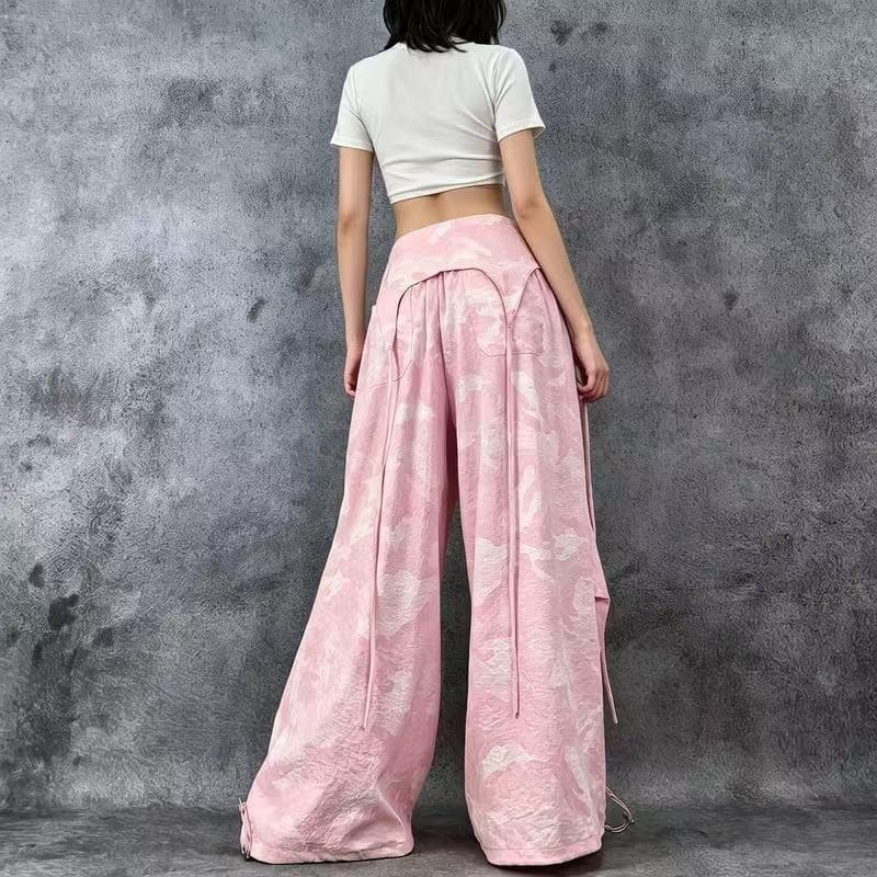 차가운 바람의 소리 바람 핑크색 카모플라주 와이드 레깅스 바지 탈착식 방귀 커튼 캐주얼 바지 속도 건조한 주름 디자인 워크웨어 긴 바지 트렌디 상세 이미지 4