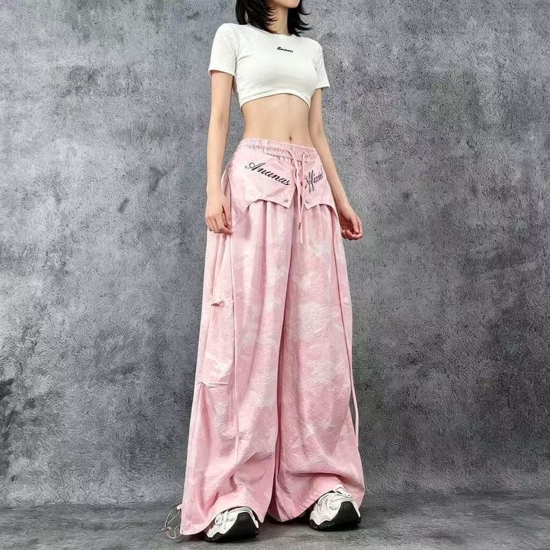 차가운 바람의 소리 바람 핑크색 카모플라주 와이드 레깅스 바지 탈착식 방귀 커튼 캐주얼 바지 속도 건조한 주름 디자인 워크웨어 긴 바지 트렌디 상세 이미지 5