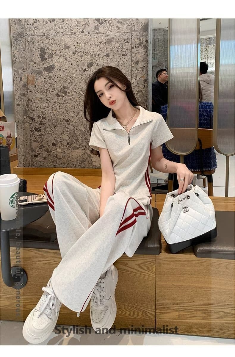 여름 드레스 코디 전체 집합 2026 새로운 한 부서 운동 캐주얼 반팔 와이드 레그 팬츠 투피스 세트 트렌디 상세 이미지 2