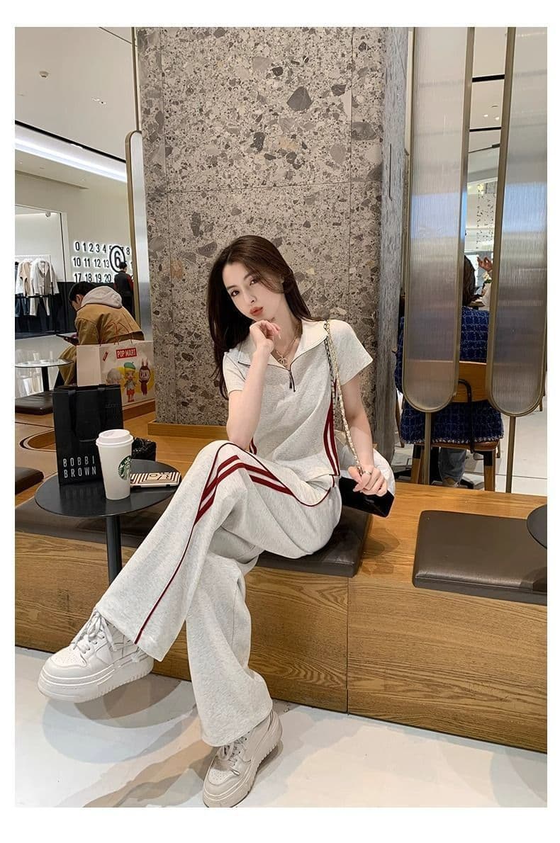 여름 드레스 코디 전체 집합 2026 새로운 한 부서 운동 캐주얼 반팔 와이드 레그 팬츠 투피스 세트 트렌디 상세 이미지 16