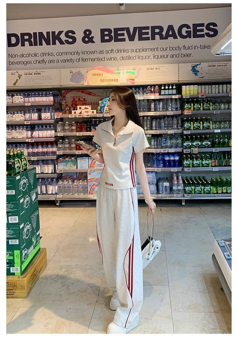여름 드레스 코디 전체 집합 2026 새로운 한 부서 운동 캐주얼 반팔 와이드 레그 팬츠 투피스 세트 트렌디 상세 이미지 20