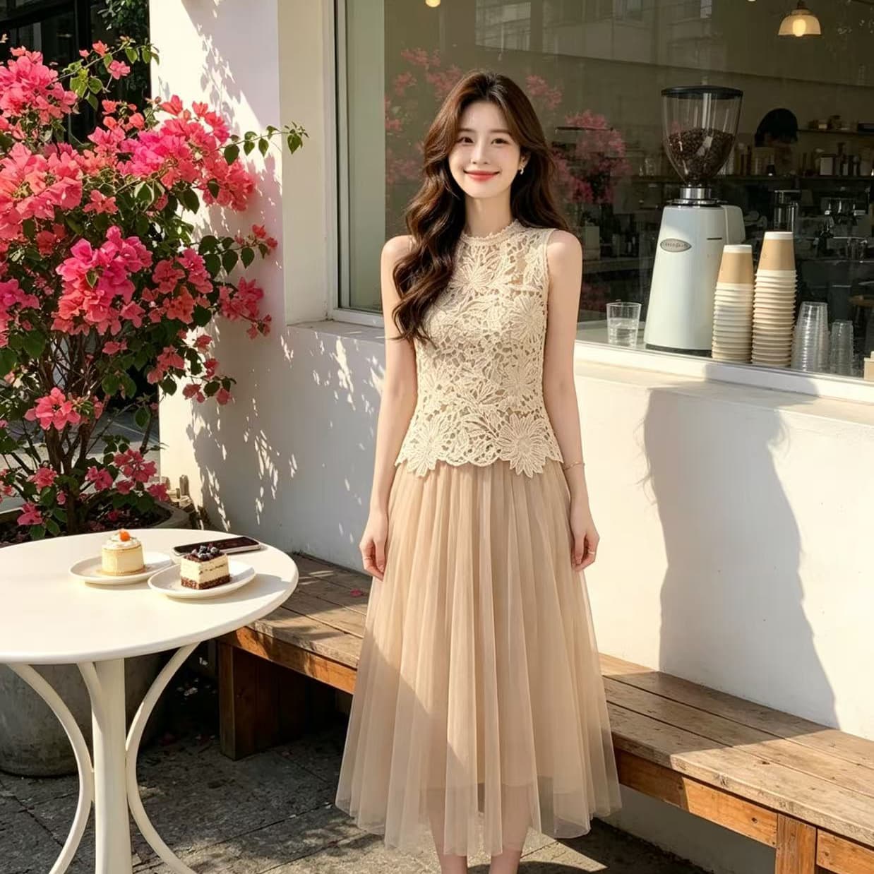 한 부서 고급 홀로우 아웃 레이스 디자인 라운드 넥 몸매 가꾸기 민소매 조끼 여성 2026 여름 새로운 품격 투피스 세트 이미지 2