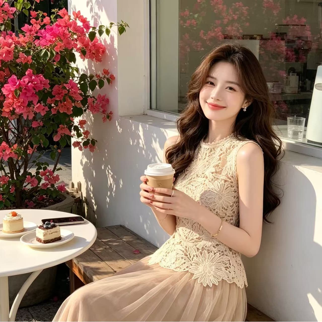 한 부서 고급 홀로우 아웃 레이스 디자인 라운드 넥 몸매 가꾸기 민소매 조끼 여성 2026 여름 새로운 품격 투피스 세트 상세 이미지 1