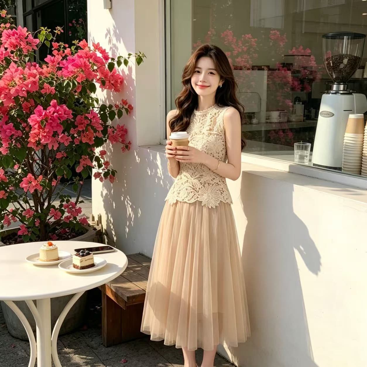 한 부서 고급 홀로우 아웃 레이스 디자인 라운드 넥 몸매 가꾸기 민소매 조끼 여성 2026 여름 새로운 품격 투피스 세트 상세 이미지 3
