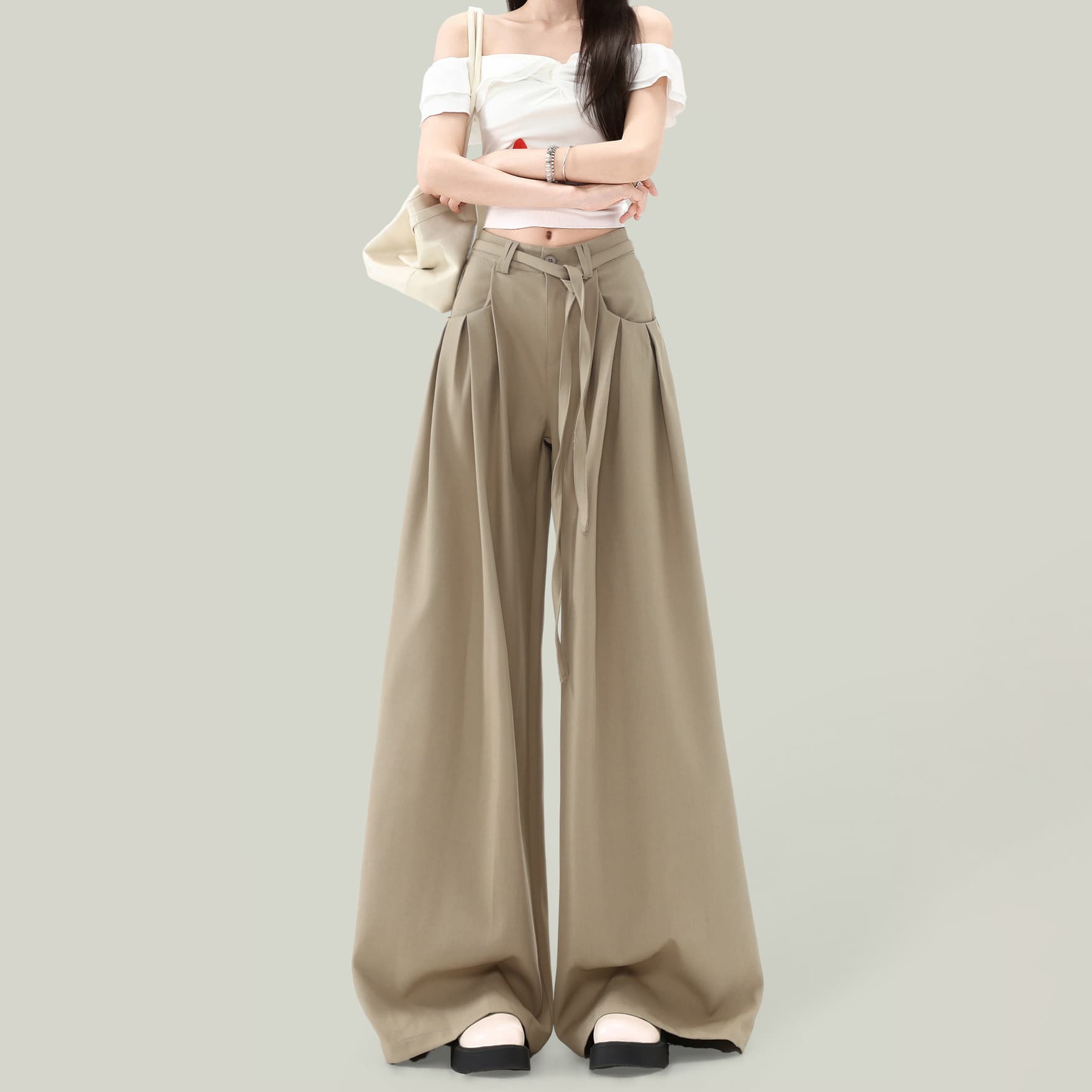느긋한 카키 도루 센스 넓은 다리 캐주얼 바지 여성 새로운 디자인 센스 주름 루즈핏 하이웨이스트 다용도 정장 롱 바지 이미지 2