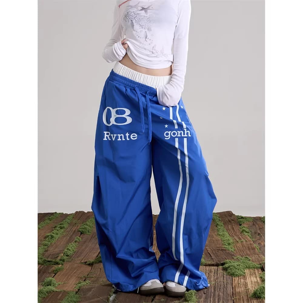 아메리칸 레트로 거리 별 더블 허리 머리 모통이 칼 캐주얼 바지 남녀 루즈핏 펌프 로프 넓은 다리 스트레이트 운동 긴 바지 이미지 3