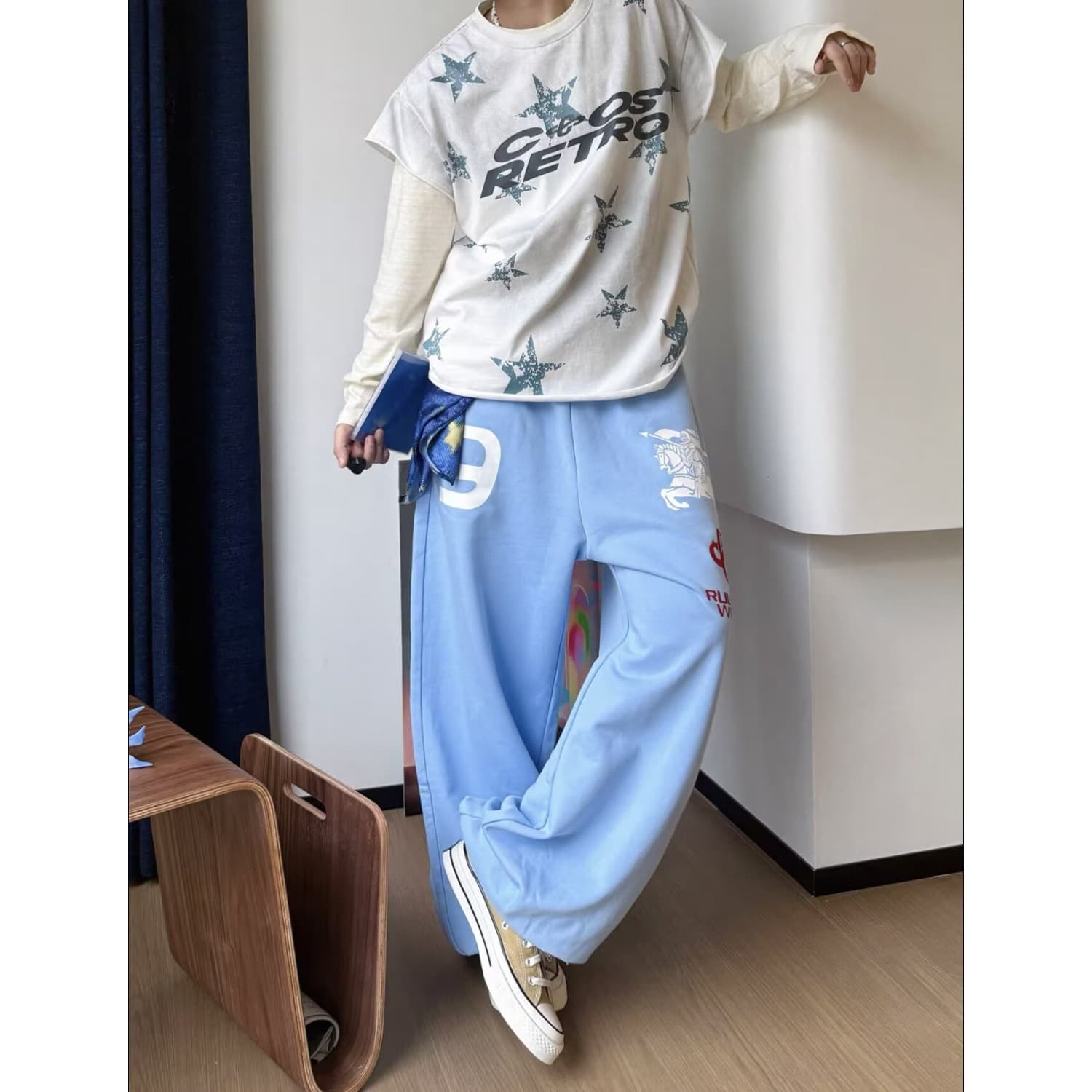 아메리칸 레트로 우유 파란색 9 번호 숫자 프린트 웨이 바지 여성 루즈핏 스트레이트 넓은 다리 운동 캐주얼 긴 바지 이미지 3