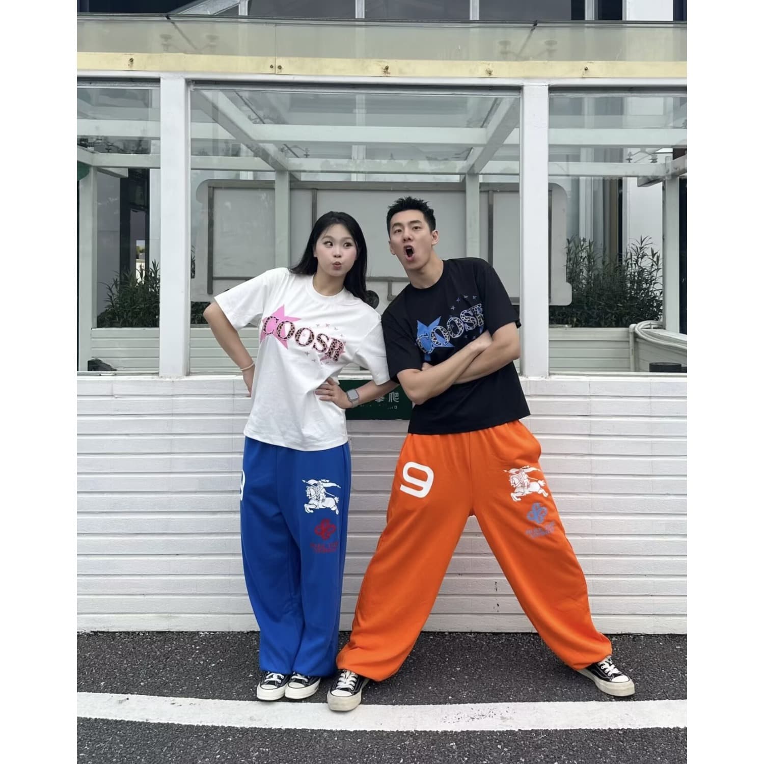 아메리칸 레트로 우유 파란색 9 번호 숫자 프린트 웨이 바지 여성 루즈핏 스트레이트 넓은 다리 운동 캐주얼 긴 바지 상세 이미지 3