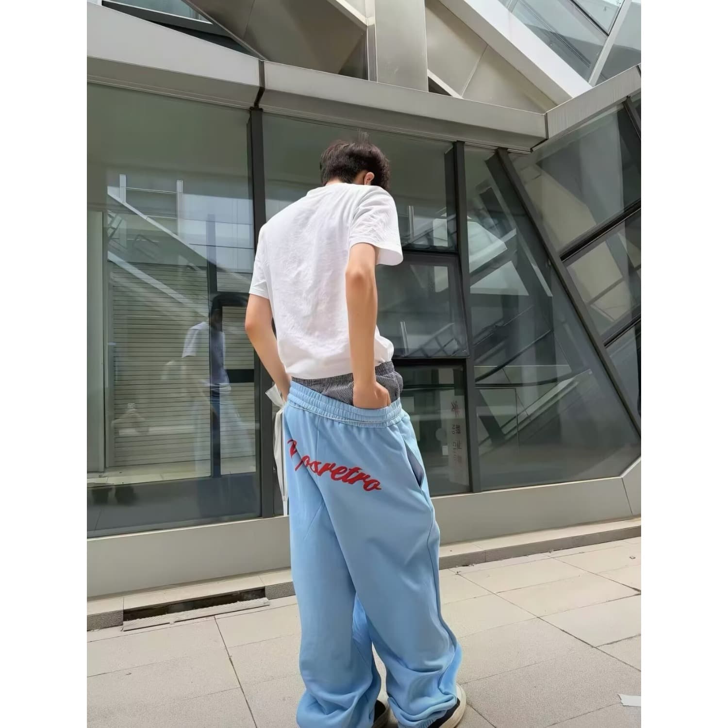 아메리칸 레트로 우유 파란색 9 번호 숫자 프린트 웨이 바지 여성 루즈핏 스트레이트 넓은 다리 운동 캐주얼 긴 바지 상세 이미지 7