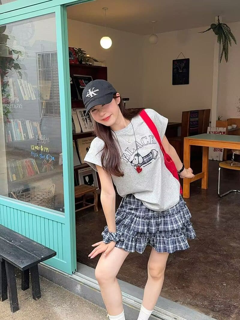 6535 당겨 프레임 사면 신축 패션 세트 여성 여름 새로운 자수 반팔 케이크 체크무늬 미니 스커트 투피스 세트 상세 이미지 6