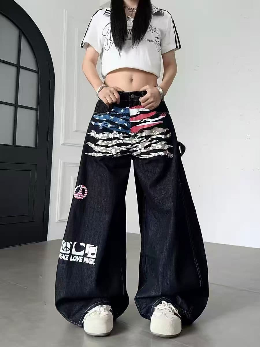 아메리칸 높음 거리 거리 배너 낙서 카모플라주 프린트 디자인 청바지 루즈핏 여성 넓은 다리 모통이 칼 긴 바지 트렌디