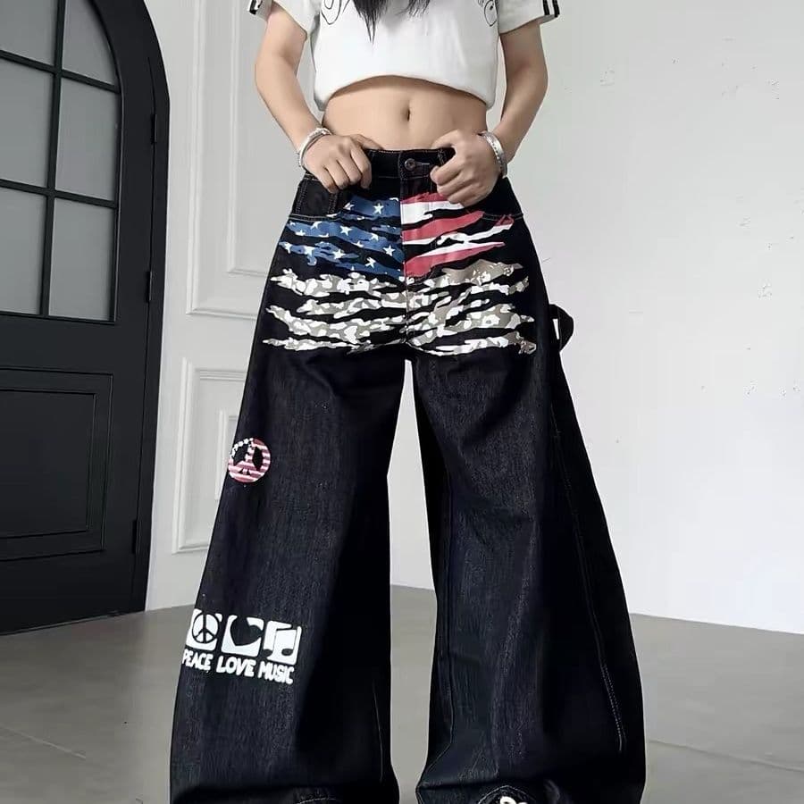 아메리칸 높음 거리 거리 배너 낙서 카모플라주 프린트 디자인 청바지 루즈핏 여성 넓은 다리 모통이 칼 긴 바지 트렌디 상세 이미지 1