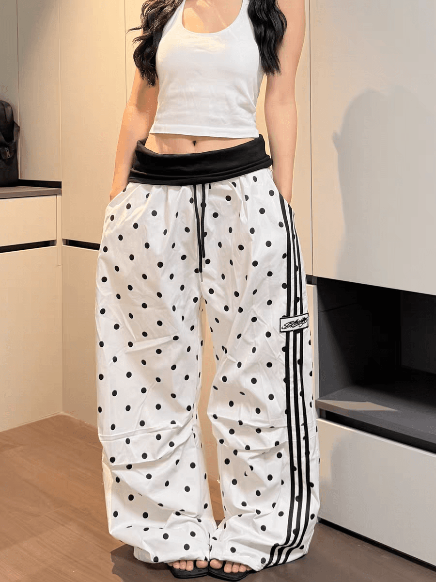 아메리칸 도트 무늬 전체 인쇄 방귀 커튼 패치워크 폴로 칼라 긴 바지 루즈핏 핫걸 슬림해 보이는 다용도 스트라이프 웨이 바지 이미지 2
