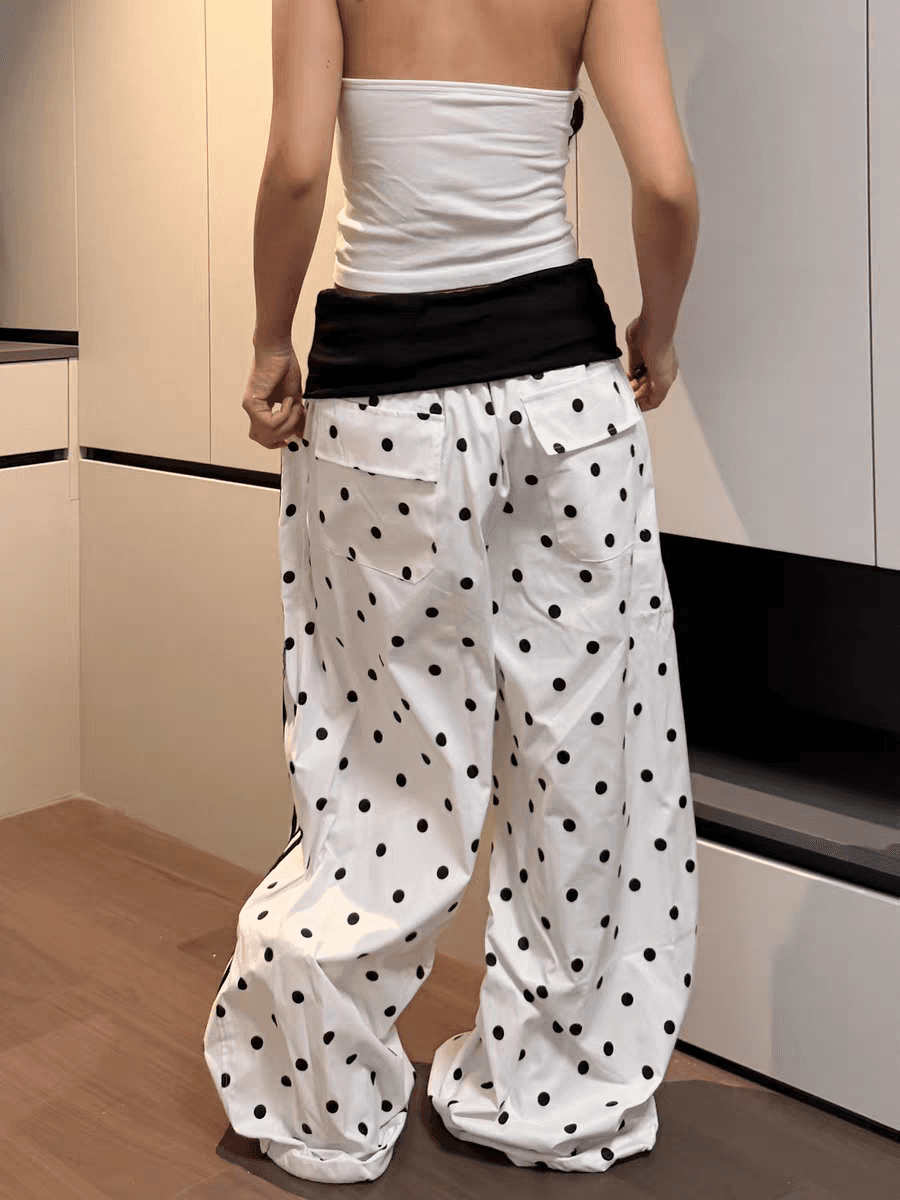 아메리칸 도트 무늬 전체 인쇄 방귀 커튼 패치워크 폴로 칼라 긴 바지 루즈핏 핫걸 슬림해 보이는 다용도 스트라이프 웨이 바지 상세 이미지 2