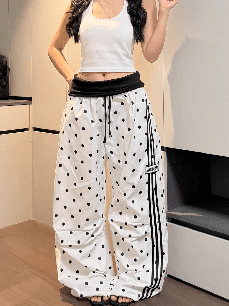아메리칸 도트 무늬 전체 인쇄 방귀 커튼 패치워크 폴로 칼라 긴 바지 루즈핏 핫걸 슬림해 보이는 다용도 스트라이프 웨이 바지 상세 이미지 3