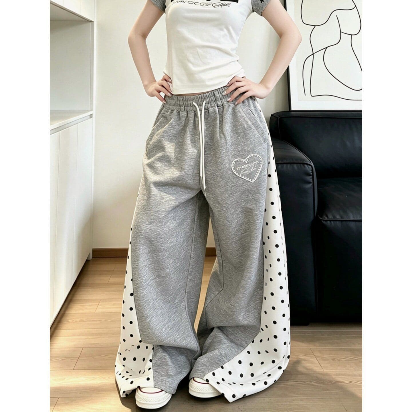 아메리칸 레트로 재즈 댄스 배색 패치워크 펌프 로프 도트 무늬 모통이 칼 웨이 바지 여성 루즈핏 스트레이트 바닥 청소 캐주얼 바지 여성 이미지 2