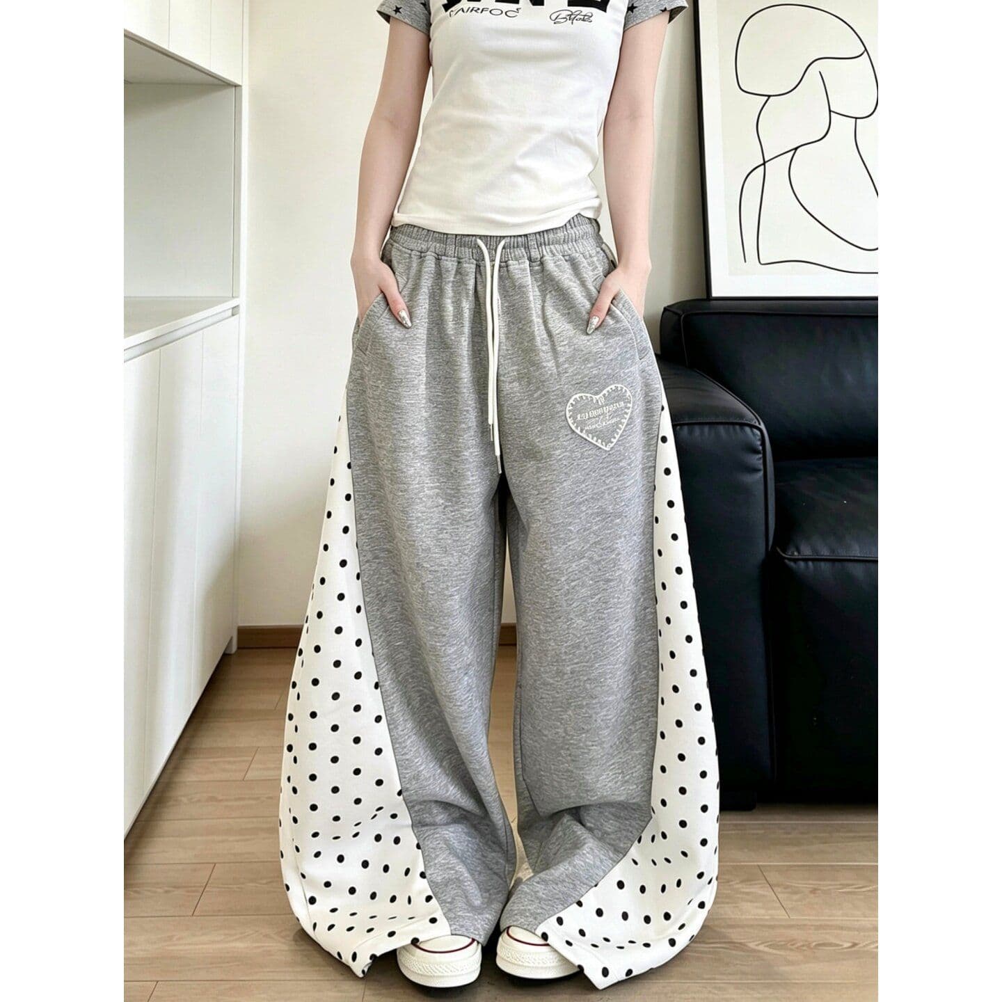 아메리칸 레트로 재즈 댄스 배색 패치워크 펌프 로프 도트 무늬 모통이 칼 웨이 바지 여성 루즈핏 스트레이트 바닥 청소 캐주얼 바지 여성 상세 이미지 5